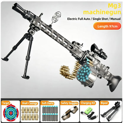 Childrens Chain-Fed Hand-Operated Mg3 Shell-Ejecting Soft Bullet Gun Electric Burst Toy