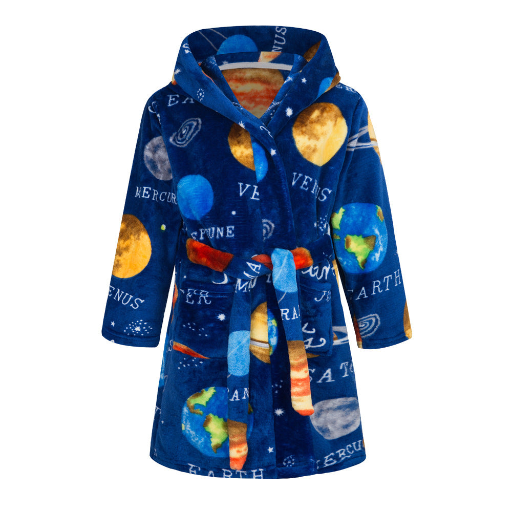 Childrens Hooded Flannel Bathrobe Cartoon Print Home Wear