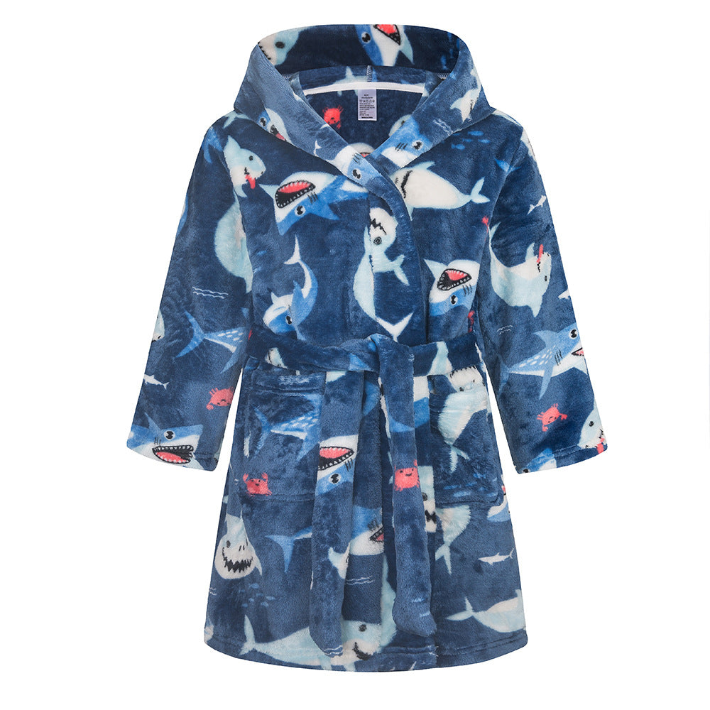 Childrens Hooded Flannel Bathrobe Cartoon Print Home Wear