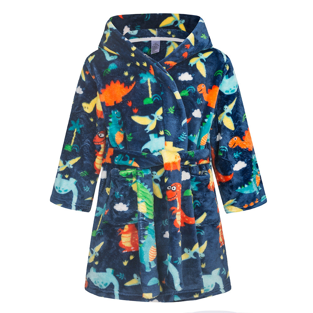 Childrens Hooded Flannel Bathrobe Cartoon Print Home Wear