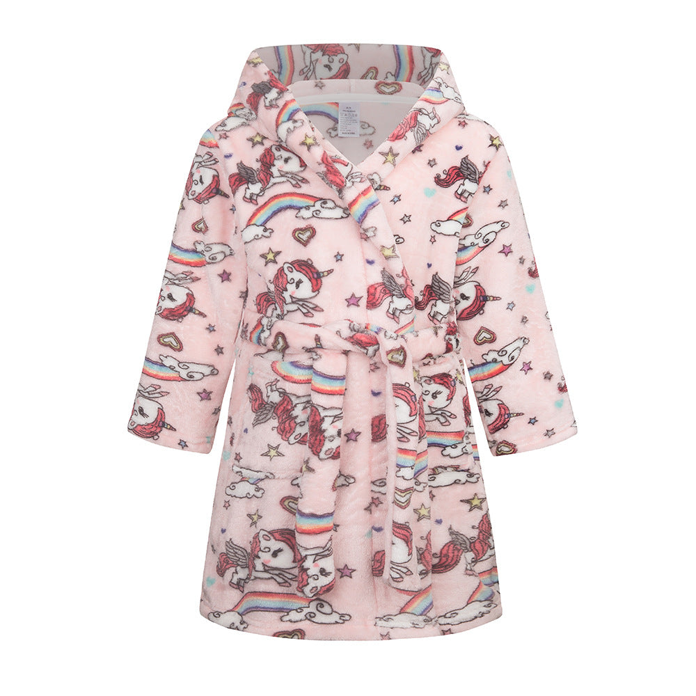 Childrens Hooded Flannel Bathrobe Cartoon Print Home Wear