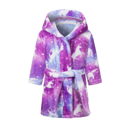 Childrens Hooded Flannel Bathrobe Cartoon Print Home Wear