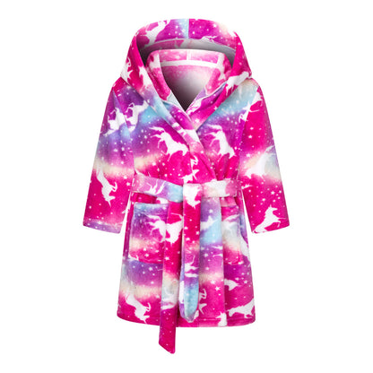 Childrens Hooded Flannel Bathrobe Cartoon Print Home Wear