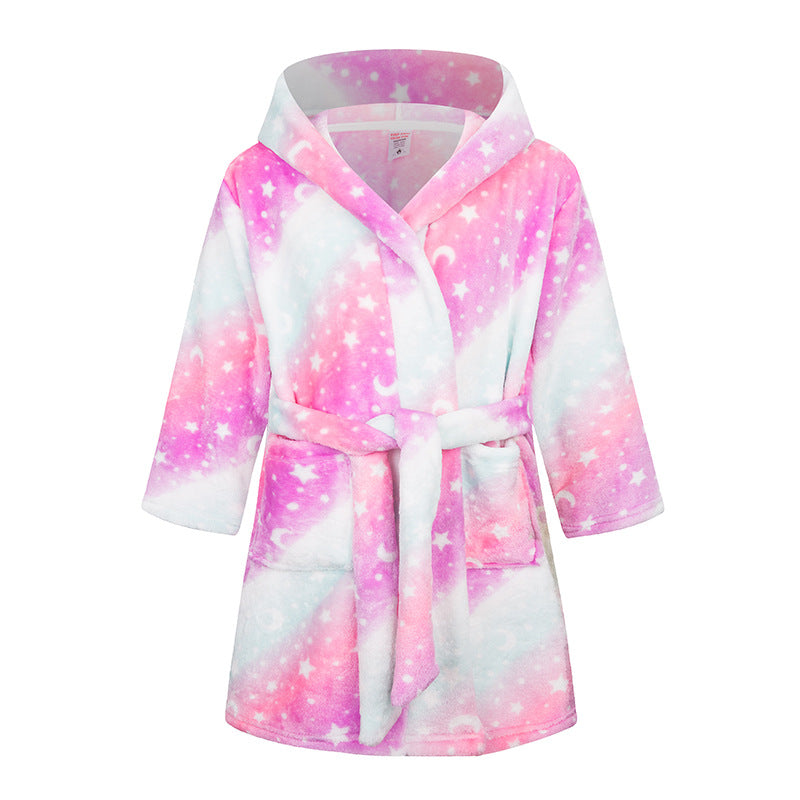 Childrens Hooded Flannel Bathrobe Cartoon Print Home Wear