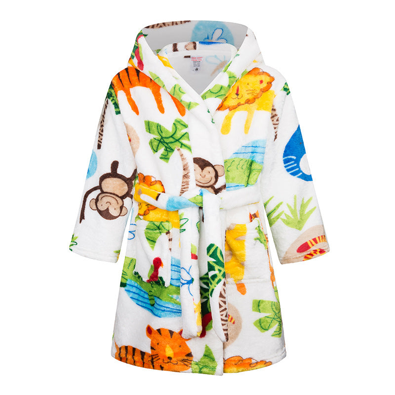 Childrens Hooded Flannel Bathrobe Cartoon Print Home Wear