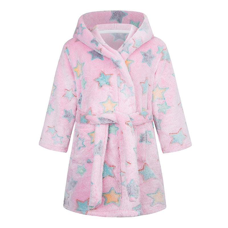 Childrens Hooded Flannel Bathrobe Cartoon Print Home Wear