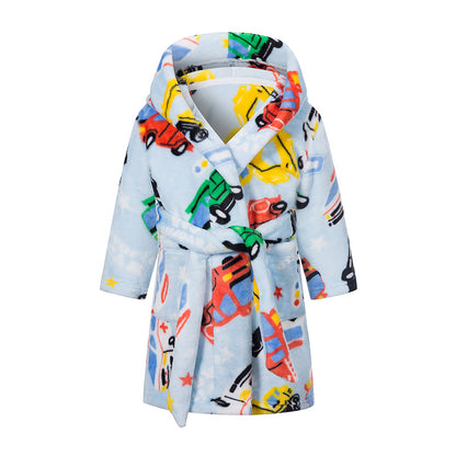 Childrens Hooded Flannel Bathrobe Cartoon Print Home Wear