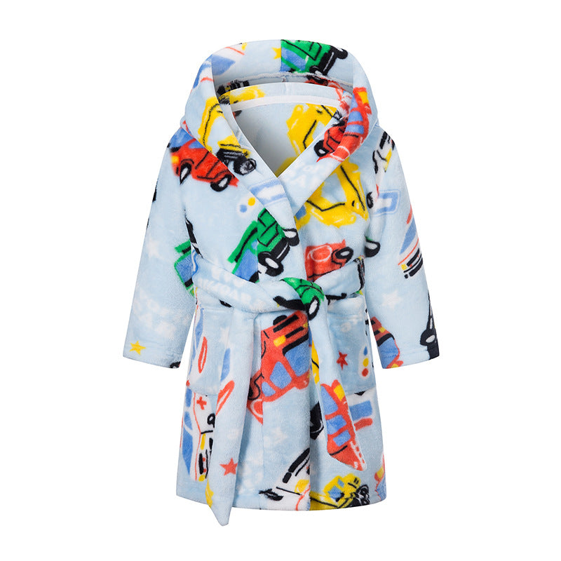 Childrens Hooded Flannel Bathrobe Cartoon Print Home Wear