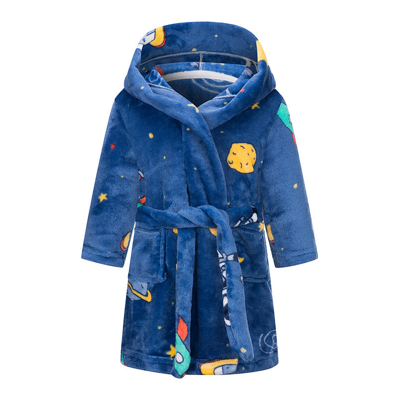 Childrens Hooded Flannel Bathrobe Cartoon Print Home Wear