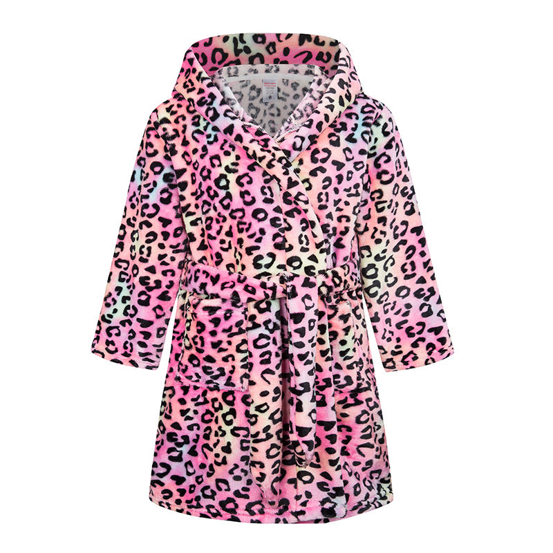 Childrens Hooded Flannel Bathrobe Cartoon Print Home Wear