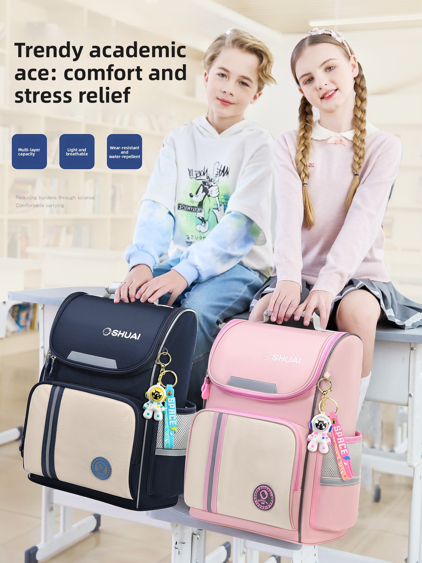 Childrens Schoolbag with Spine Protection Large Capacity