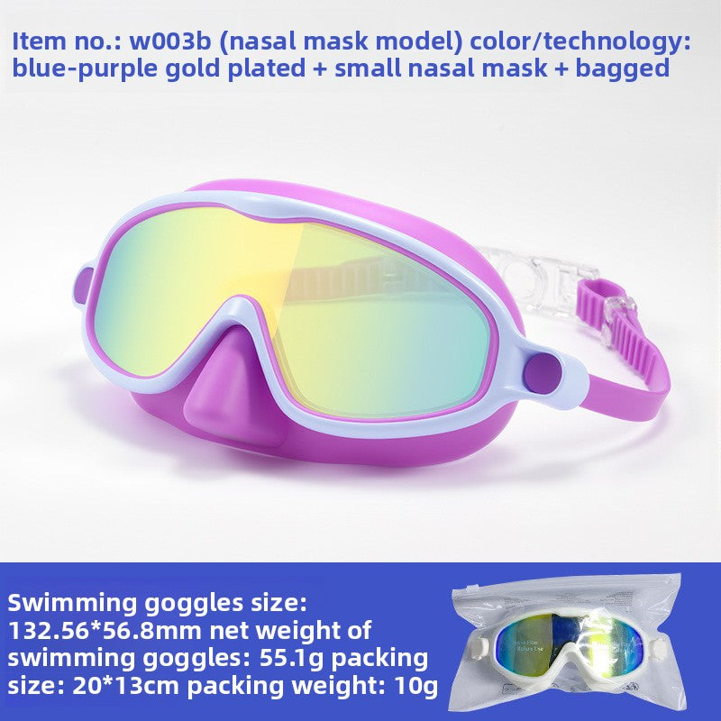 Childrens Swimming Goggles with Nose Mask Anti-Fog Waterproof High Definition Large Frame