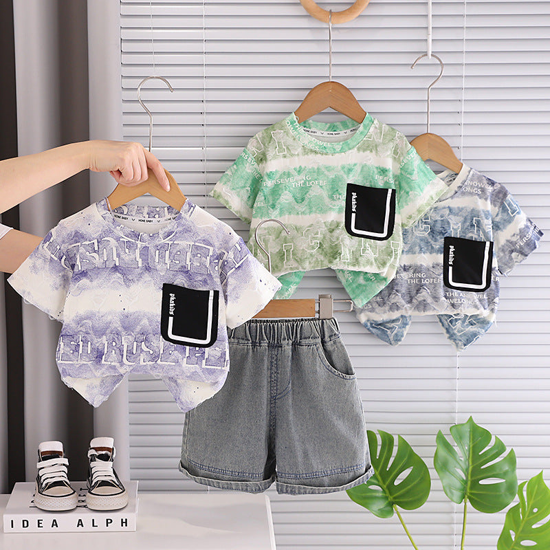 Childrens Tie-Dye Letter Print Cotton Two-Piece