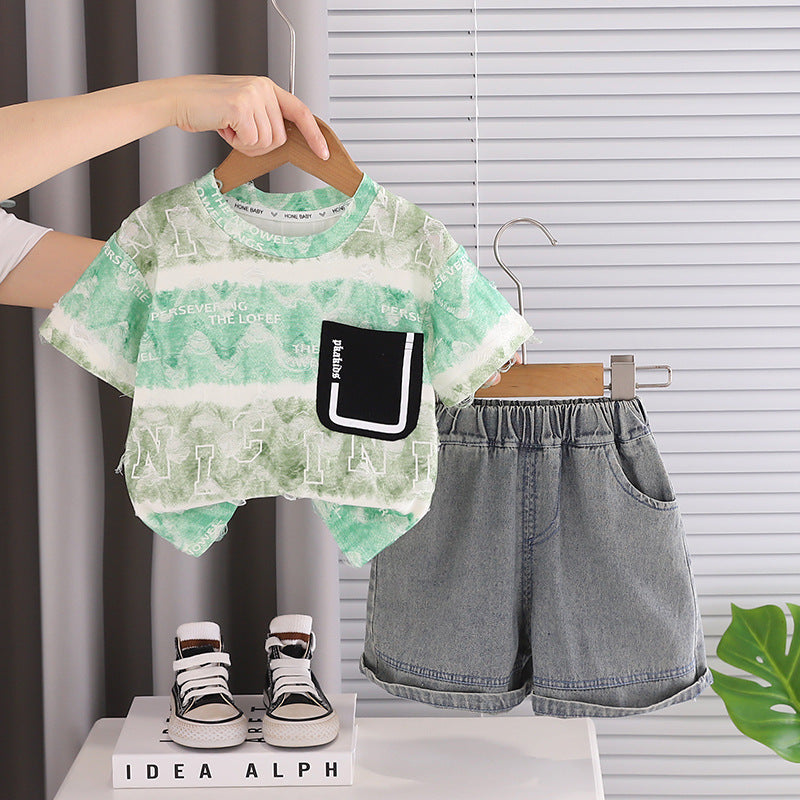 Childrens Tie-Dye Letter Print Cotton Two-Piece