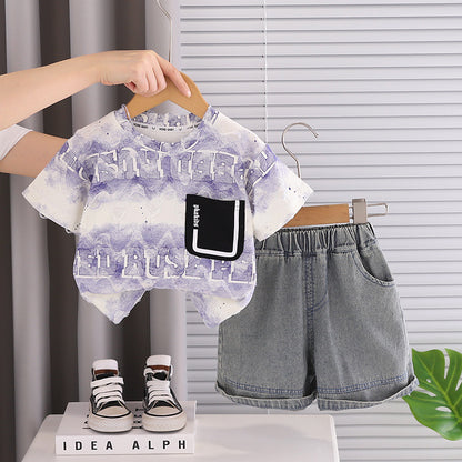 Childrens Tie-Dye Letter Print Cotton Two-Piece