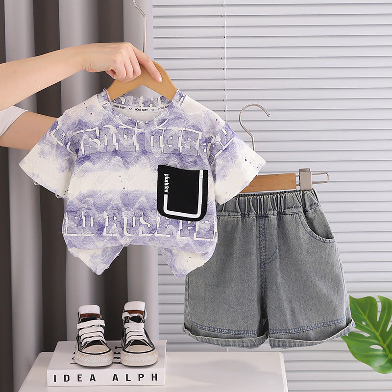 Childrens Tie-Dye Letter Print Cotton Two-Piece