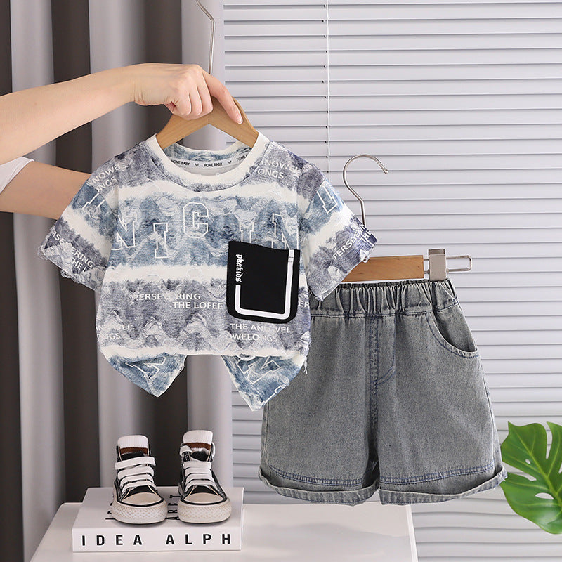 Childrens Tie-Dye Letter Print Cotton Two-Piece