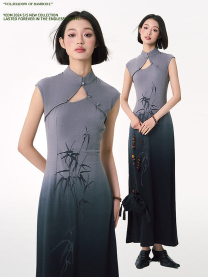 Chinese Style Bamboo Embroidery Gradient Dress