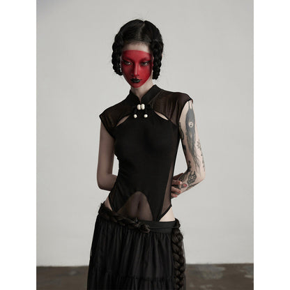 Chinese-Style Beaded Silk Mesh Slim-Fit Tank Top