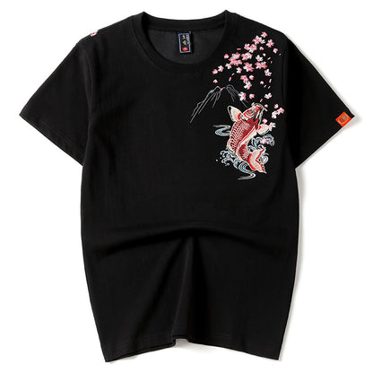 Chinese Style Embroidered Koi Cotton T-Shirt