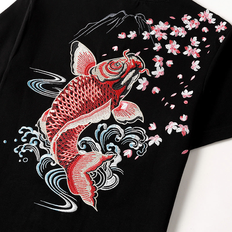 Chinese Style Embroidered Koi Cotton T-Shirt