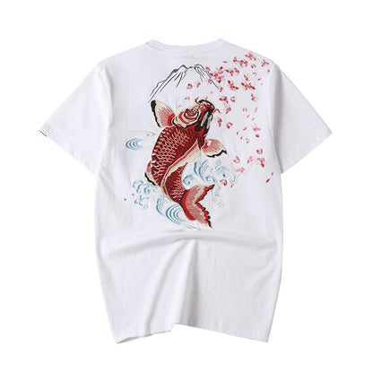 Chinese Style Embroidered Koi Cotton T-Shirt