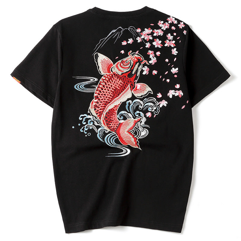 Chinese Style Embroidered Koi Cotton T-Shirt