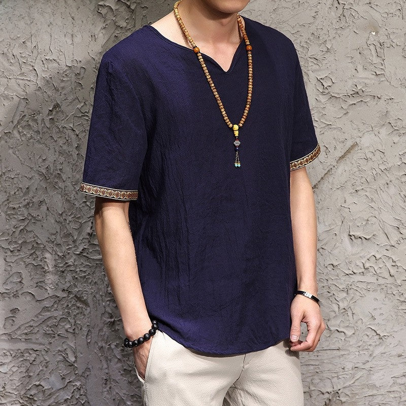 Chinese Style Men's Imitation Cotton and Linen T-Shirt Summer Loose Short-Sleeved Large Size T-Shirt Thin Chinese Style Retro Imitation Linen T-Shirt