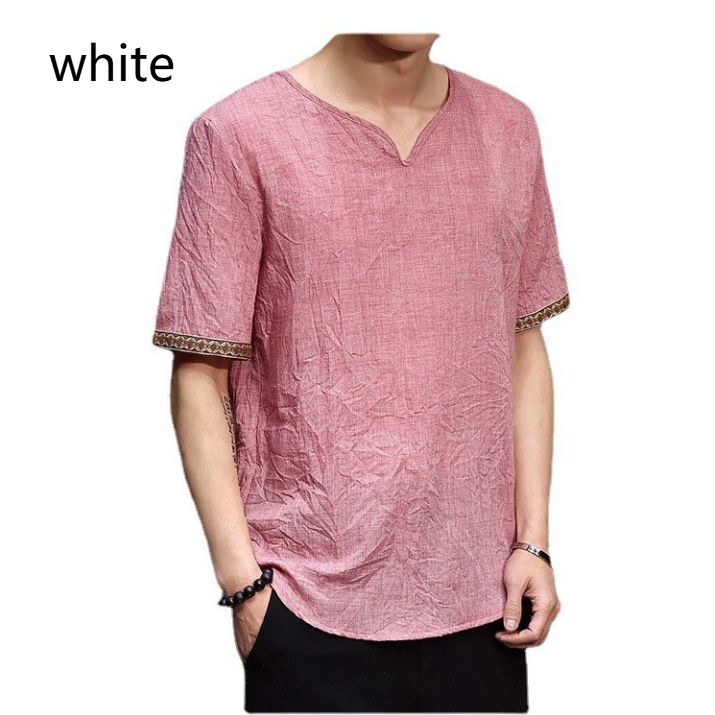 Chinese Style Men's Imitation Cotton and Linen T-Shirt Summer Loose Short-Sleeved Large Size T-Shirt Thin Chinese Style Retro Imitation Linen T-Shirt