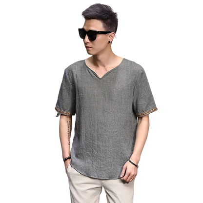 Chinese Style Men's Imitation Cotton and Linen T-Shirt Summer Loose Short-Sleeved Large Size T-Shirt Thin Chinese Style Retro Imitation Linen T-Shirt