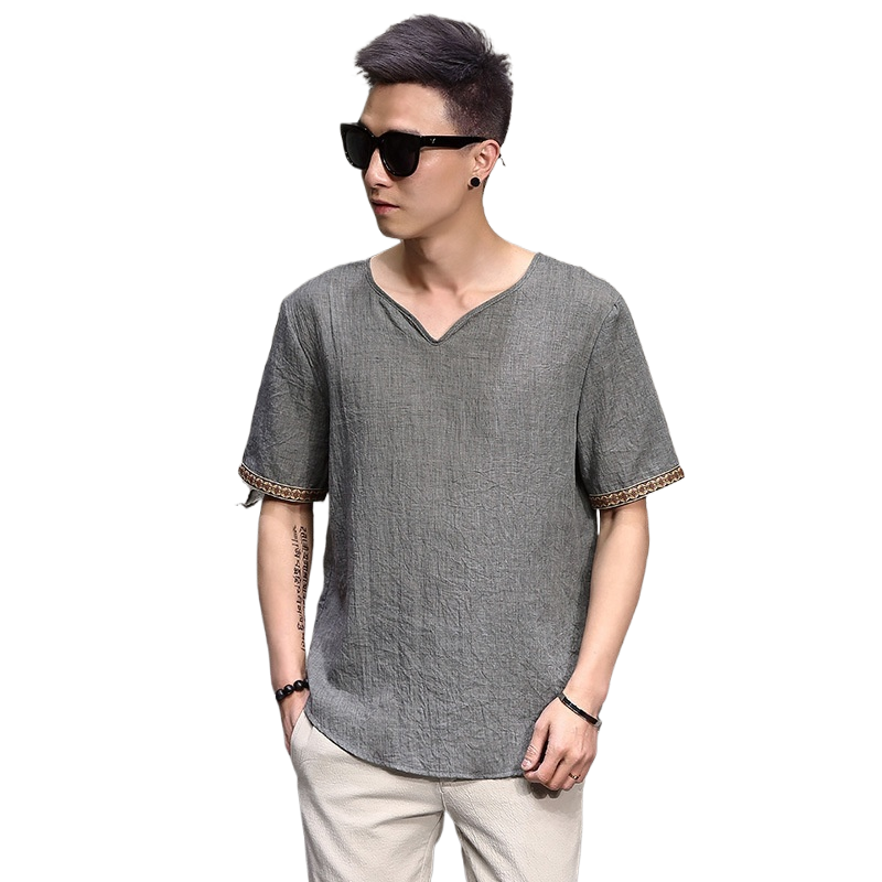 Chinese Style Men's Imitation Cotton and Linen T-Shirt Summer Loose Short-Sleeved Large Size T-Shirt Thin Chinese Style Retro Imitation Linen T-Shirt