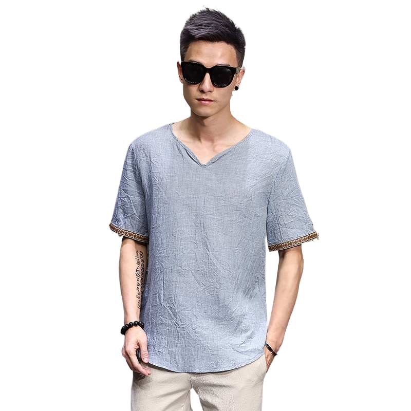 Chinese Style Men's Imitation Cotton and Linen T-Shirt Summer Loose Short-Sleeved Large Size T-Shirt Thin Chinese Style Retro Imitation Linen T-Shirt