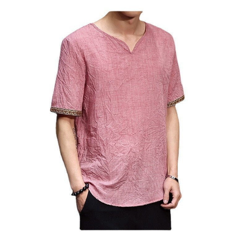 Chinese Style Men's Imitation Cotton and Linen T-Shirt Summer Loose Short-Sleeved Large Size T-Shirt Thin Chinese Style Retro Imitation Linen T-Shirt