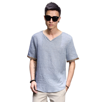 Chinese Style Men's Imitation Cotton and Linen T-Shirt Summer Loose Short-Sleeved Large Size T-Shirt Thin Chinese Style Retro Imitation Linen T-Shirt