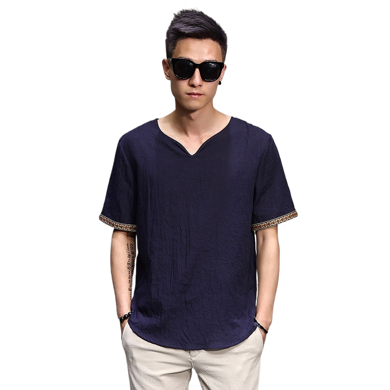 Chinese Style Men's Imitation Cotton and Linen T-Shirt Summer Loose Short-Sleeved Large Size T-Shirt Thin Chinese Style Retro Imitation Linen T-Shirt