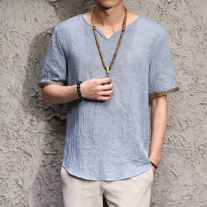 Chinese Style Men's Imitation Cotton and Linen T-Shirt Summer Loose Short-Sleeved Large Size T-Shirt Thin Chinese Style Retro Imitation Linen T-Shirt