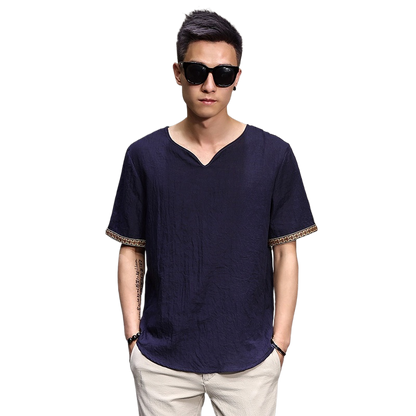 Chinese Style Men's Imitation Cotton and Linen T-Shirt Summer Loose Short-Sleeved Large Size T-Shirt Thin Chinese Style Retro Imitation Linen T-Shirt
