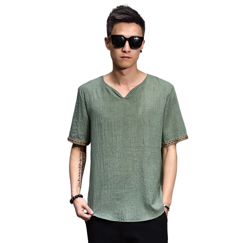 Chinese Style Men's Imitation Cotton and Linen T-Shirt Summer Loose Short-Sleeved Large Size T-Shirt Thin Chinese Style Retro Imitation Linen T-Shirt