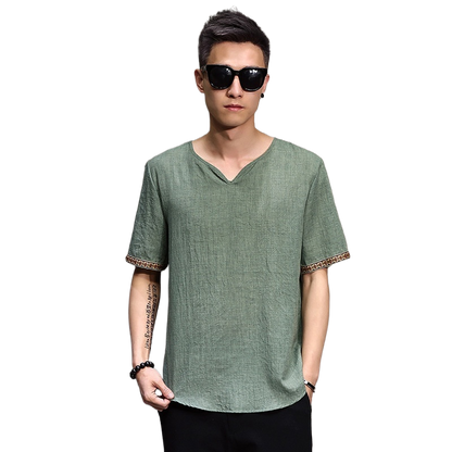 Chinese Style Men's Imitation Cotton and Linen T-Shirt Summer Loose Short-Sleeved Large Size T-Shirt Thin Chinese Style Retro Imitation Linen T-Shirt