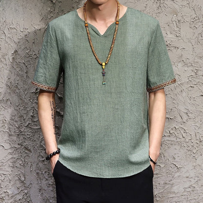 Chinese Style Men's Imitation Cotton and Linen T-Shirt Summer Loose Short-Sleeved Large Size T-Shirt Thin Chinese Style Retro Imitation Linen T-Shirt