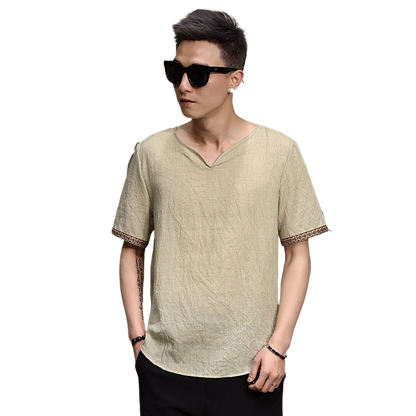 Chinese Style Men's Imitation Cotton and Linen T-Shirt Summer Loose Short-Sleeved Large Size T-Shirt Thin Chinese Style Retro Imitation Linen T-Shirt