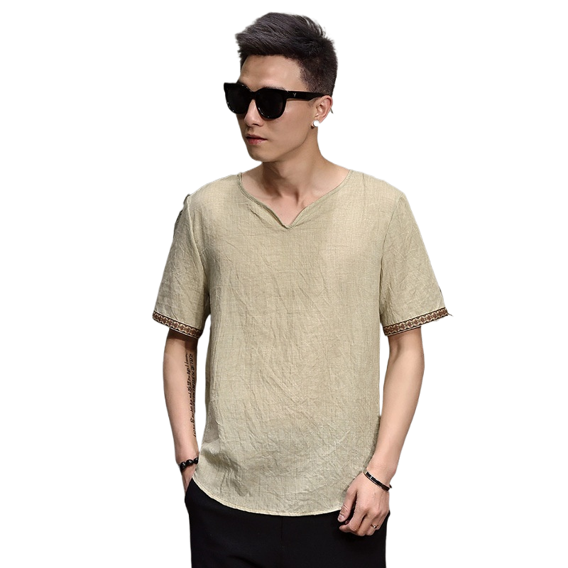 Chinese Style Men's Imitation Cotton and Linen T-Shirt Summer Loose Short-Sleeved Large Size T-Shirt Thin Chinese Style Retro Imitation Linen T-Shirt