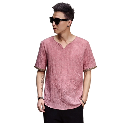 Chinese Style Men's Imitation Cotton and Linen T-Shirt Summer Loose Short-Sleeved Large Size T-Shirt Thin Chinese Style Retro Imitation Linen T-Shirt