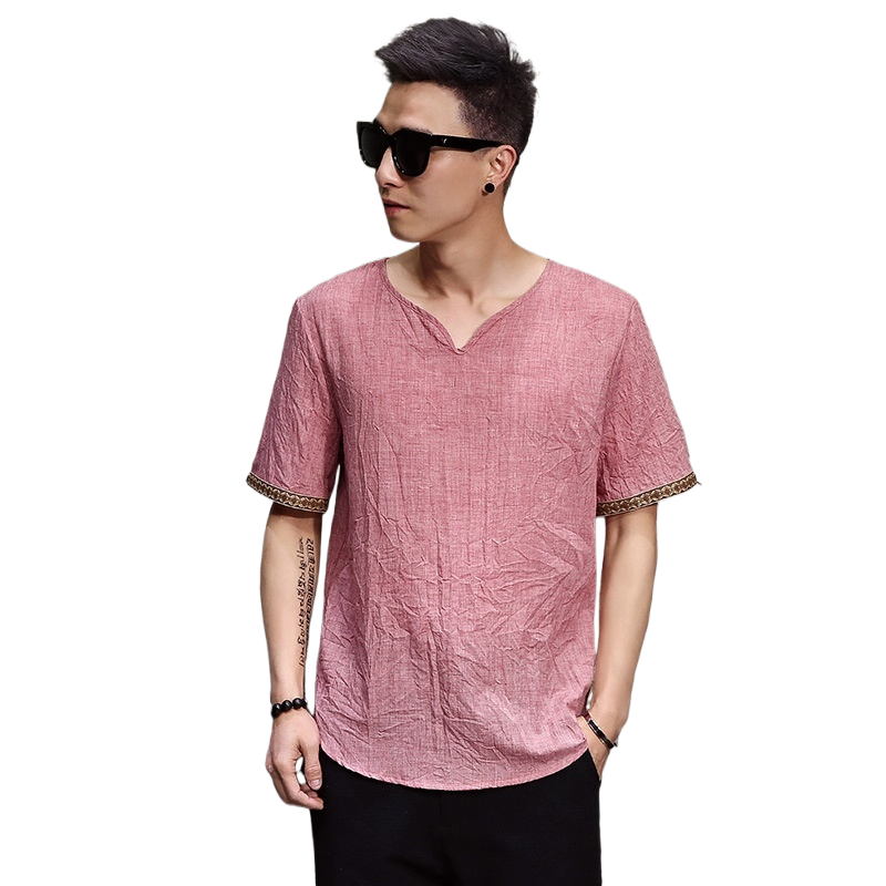 Chinese Style Men's Imitation Cotton and Linen T-Shirt Summer Loose Short-Sleeved Large Size T-Shirt Thin Chinese Style Retro Imitation Linen T-Shirt