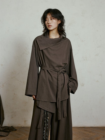 Chinese Style Off-Shoulder Tie-Up Blouse