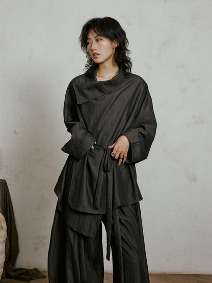 Chinese Style Off-Shoulder Tie-Up Blouse