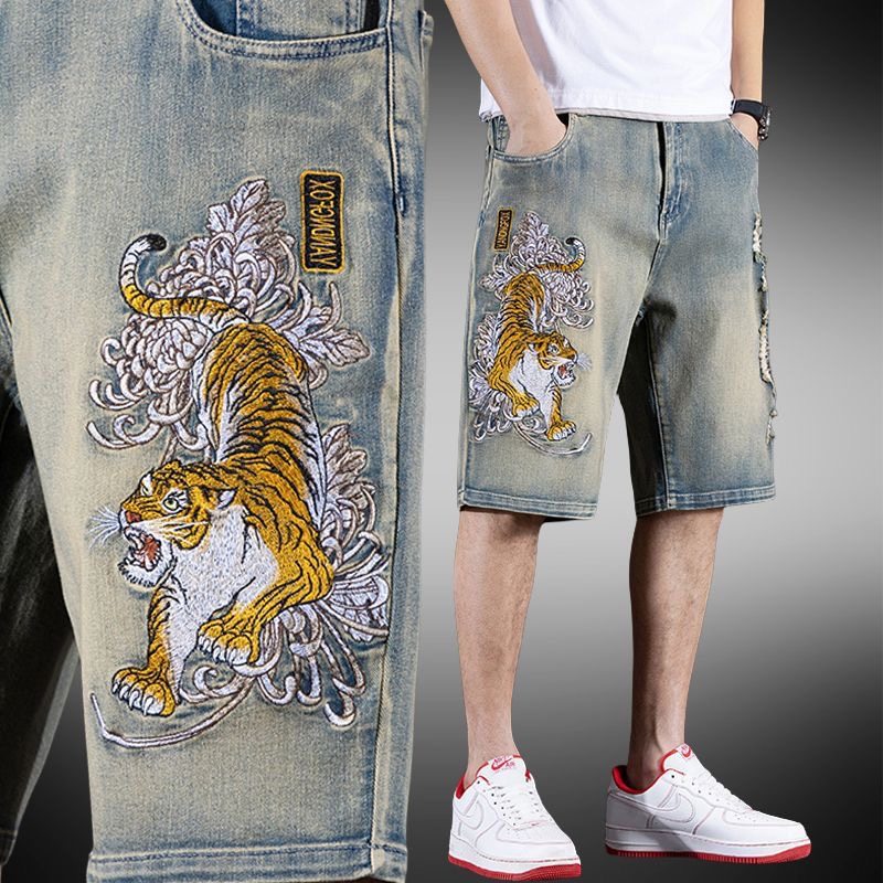 Chinese Style Tiger Embroidery Denim Shorts for Men