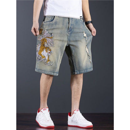 Chinese Style Tiger Embroidery Denim Shorts for Men