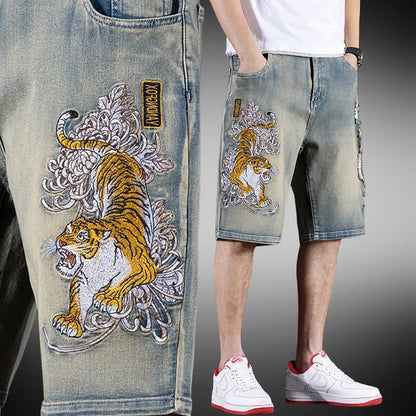 Chinese Style Tiger Embroidery Denim Shorts for Men