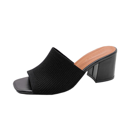 Chunky Heel Square Toe Slip On Sandals